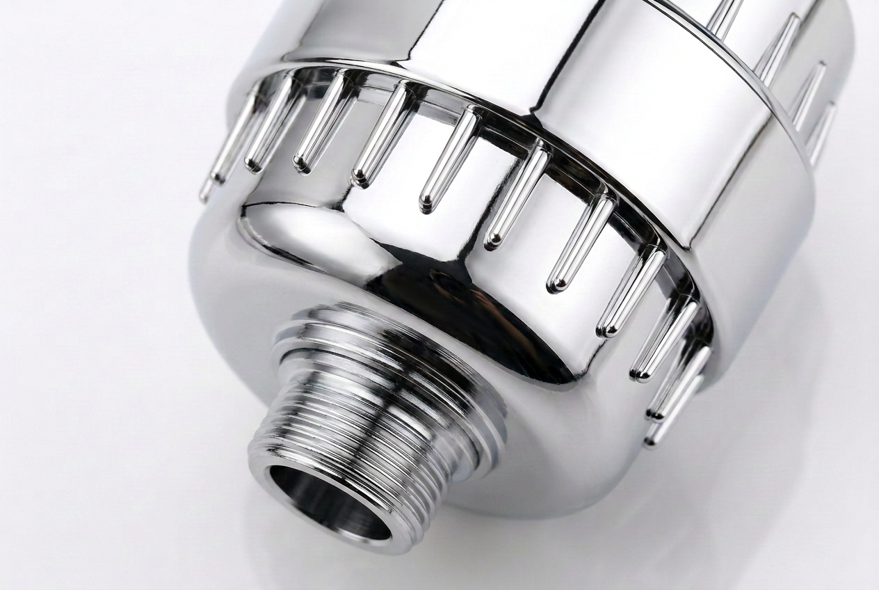 Close-up of the polished chrome finish and threaded connection of the MIREVA shower filter