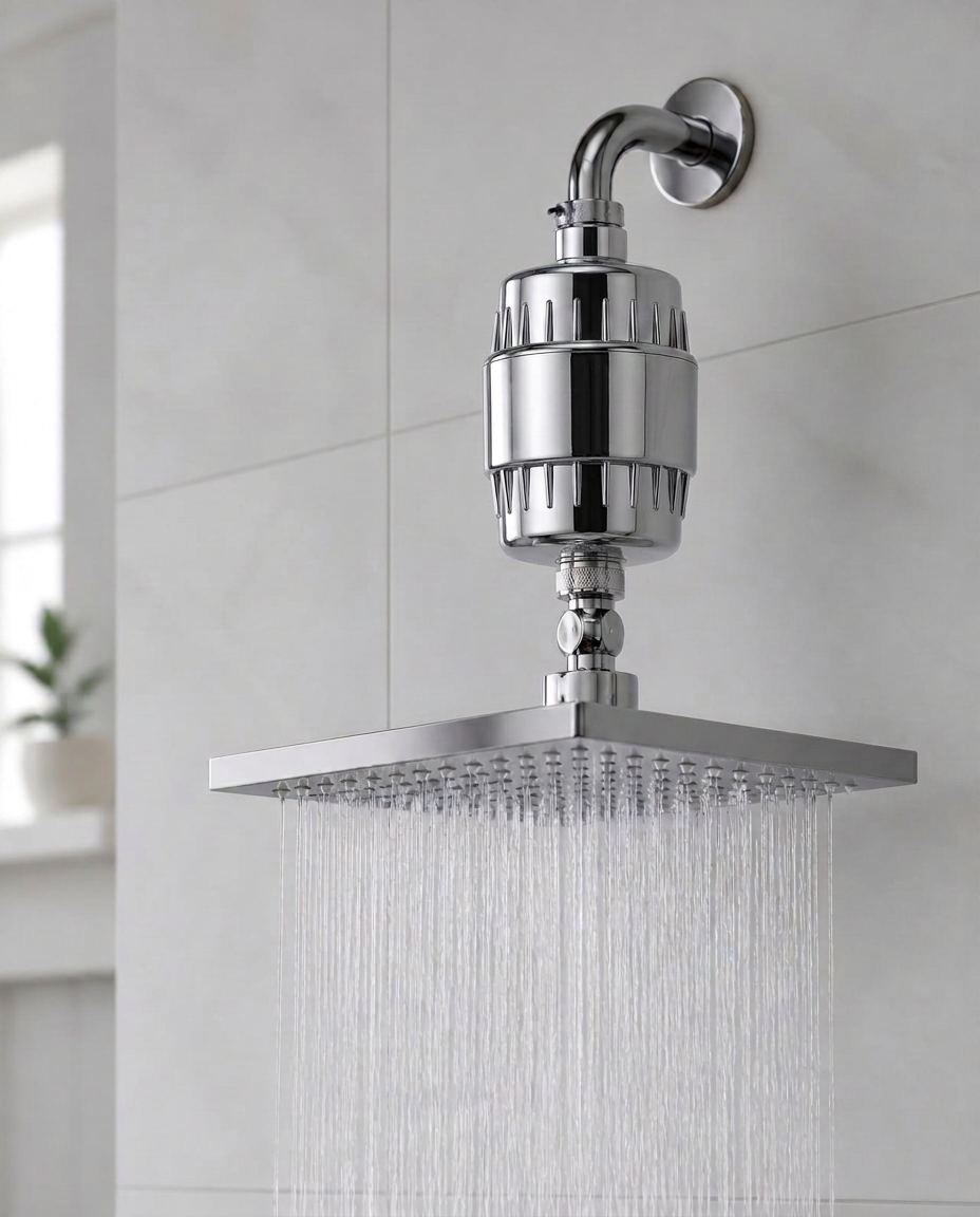 MIREVA 20-Stage Shower Filter installed on the shower arm above a separate square rainfall shower head, with water flowing from the shower head